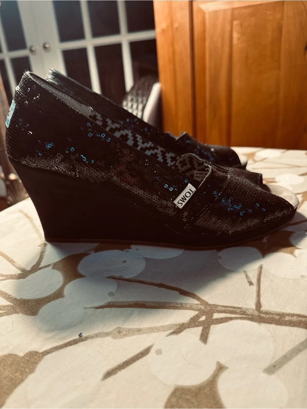 TOMS Black Sequin Wedge Peep-Toe Heels, Size 11 Wide, EUC, Wedge heel is 3.75”.